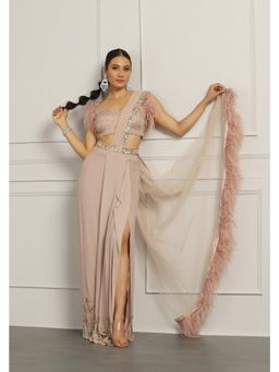 Meenagurnam - Feather Hem Peach Pre-Draped Saree with Stitched Blouse and Belt with Stitched
