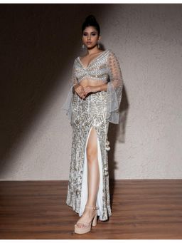 Meenagurnam - Ivory Net Hand Embroidered Leaf Skirt And Blouse