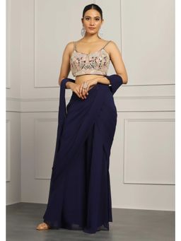 Meenagurnam - Navy Blue Georgette Sharara Pant Saree With Stitched Blouse with Stitched