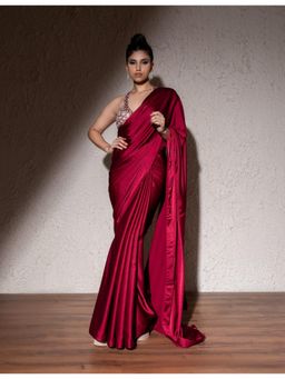 Meenagurnam - Red Armani Satin Saree With Stitched Blouse with Stitched