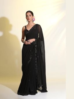 Meenagurnam - Black sequin cutdana hand embellishment Saree With Stitched Blouse with Stitched