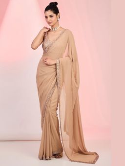 Meenagurnam - Georgette Hand Embellished Beige Saree With Stitched Blouse with Stitched