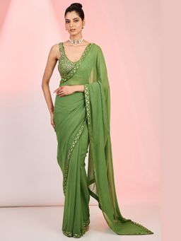 Meenagurnam - Mehendi Green Georgette Hand Embellished Saree With Stitched Blouse with Stitched