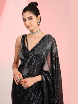 Meenagurnam - Sequin line break Black Saree With Stitched Blouse blouse with Stitched