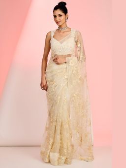 Meenagurnam - Flower Jaal with hand embellishment Ivory Saree With Stitched Blouse with Stitched