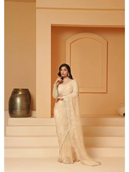 Meenagurnam - Net cutdana and beads work Gold Saree With Stitched Blouse with Stitched