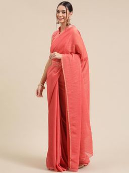 Sareemall - Women Polycotton Pink Solid Belted Sarees with Unstitched Blouse Piece