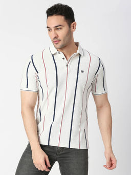 Dragon Hill - Half Sleeves White Melange Vertical Stripes Pique Polo T-Shirt