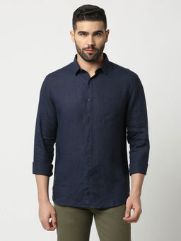 Dragon Hill - Full Sleeves Navy Blue Pure Linen Shirt with Pocket