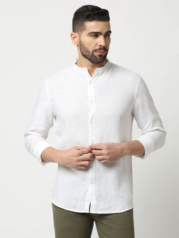 Dragon Hill - Full Sleeves White Pure Linen Shirt with Mandarin Collar