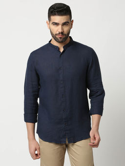 Dragon Hill - Full Sleeves Navy Blue Pure Linen Shirt with Mandarin Collar