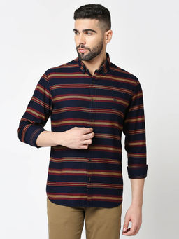 Dragon Hill - Full Sleeves Maroon Indigo Twill Striped Shirt with Button Down Collar