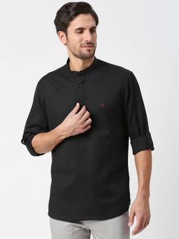 Dragon Hill - Full Sleeves Black Cotton Linen Kurta Shirt with Roll Up Sleeves