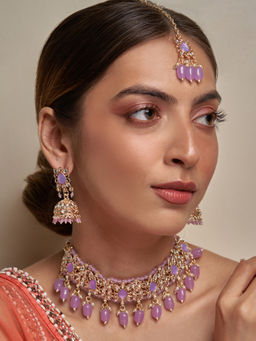 Azai by Nykaa Fashion - Gold Plated Purple & Gold Kundan Stone & Beads Necklace Set