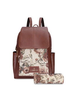 The Clownfish - Brown & Off White Faux Leather Tapestry Backpack with Pouch
