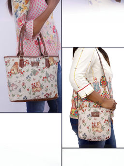 The Clownfish - Off White & Brown Faux Leather Handbag with Sling Bag