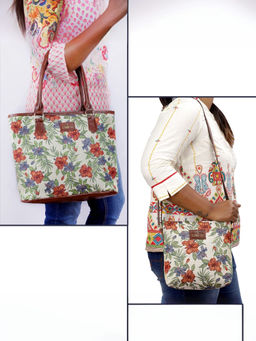 The Clownfish - Off White Floral Print Faux Leather Handbag with Sling Bag