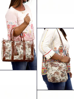 The Clownfish - Cream Floral Faux Leather Handbag with Detachable Strap & Sling Bag