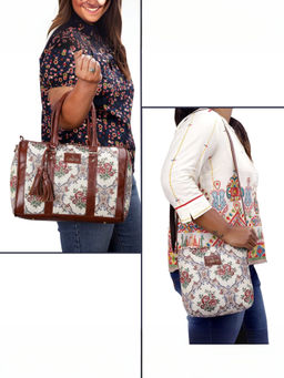 The Clownfish - White Floral Faux Leather Handbag with Detachable Strap & Sling Bag