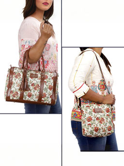 The Clownfish - Off White Floral Faux Leather Handbag with Detachable Strap & Sling Bag