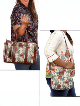 The Clownfish - White Floral Faux Leather Handbag with Detachable Strap & Sling Bag