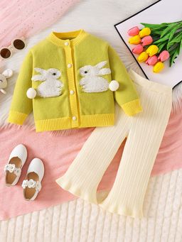 Hopscotch - Girls Yellow and Beige Rabbit Applique Sweater Pant
