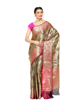 Banarasi Silk Works - Gold Paithani Zari Pattu Border Art Saree with Unstitched Blouse