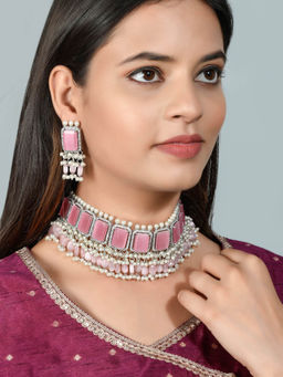 Silvermerc Designs - Pink Bridal Choker Necklace and Earrings (Set of 2) with pearls