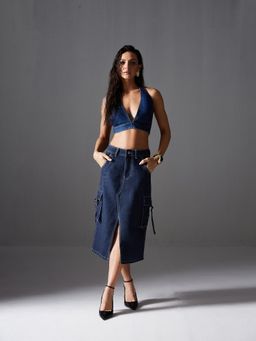 Miss Chase - Women's Navy Blue Straight High Rise Clean Look Midi Denim Skirt
