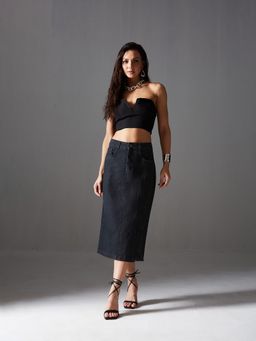 Miss Chase - Women's Black Straight-Fit High-Rise Stretchable Denim Midi Skirt
