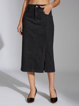 Miss Chase - Womens Black Straight-Fit High-Rise Stretchable Denim Midi Skirt