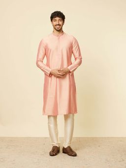 Twamev - Peach Blended Viscose Embroidered Kurta and Pyjama for Men (Set of 2)
