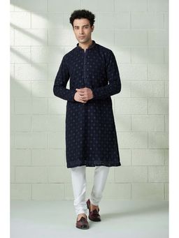 Twamev - Blue Georgette Embroidered Kurta and Pyjama for Men (Set of 2)