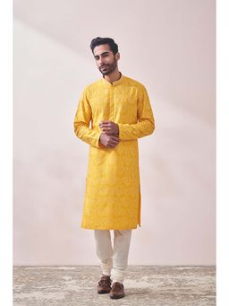 Twamev - Yellow Blended Viscose Embroidered Kurta and Pyjama for Men (Set of 2)