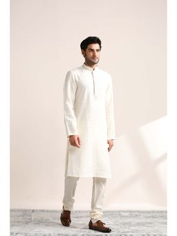 Twamev - Cream Linen Solid Kurta and Churidar for Men (Set of 2)