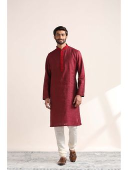 Twamev - Maroon Linen Solid Kurta and Pyjama for Men (Set of 2)