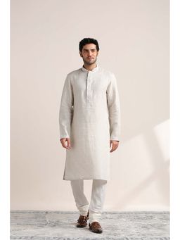 Twamev - Beige Linen Solid Kurta and Churidar for Men (Set of 2)