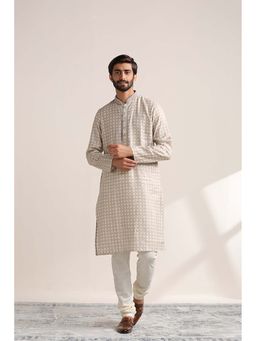 Twamev - Beige Linen Printed Kurta and Pyjama for Men (Set of 2)