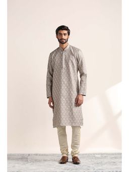 Twamev - Beige Art Silk Embroidered Kurta and Pyjama for Men (Set of 2)