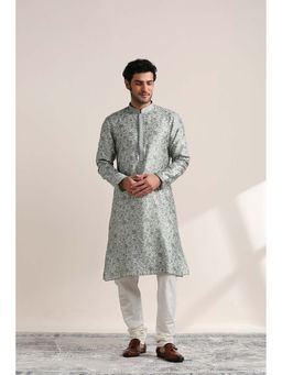 Twamev - Green Blended Cotton Floral Kurta and Pyjama for Men (Set of 2)