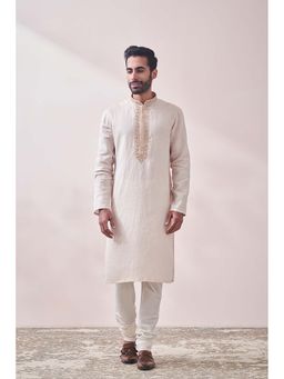 Twamev - Beige Linen Solid Kurta and Pyjama for Men (Set of 2)