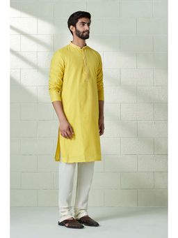 Twamev - Yellow Blended Cotton Woven Kurta and Churidar for Men (Set of 2)