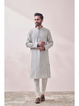 Twamev - Grey Georgette Embroidered Kurta and Churidar for Men (Set of 2)