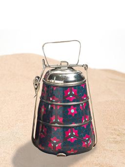 Living With Elan - Stainless Steel Chaandini 3 Tier Lunch Box Pyramid Shape For Office (Printed)