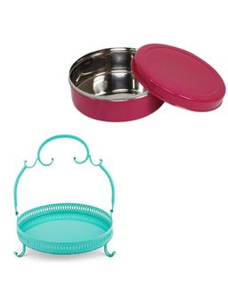Living With Elan - Combo Of Steel Baroque Serving Tray And Roti-Papad Box |Food Safe (Pack Of 2)