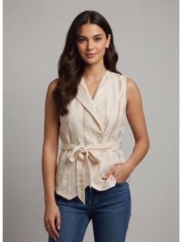 Twenty Dresses by Nykaa Fashion - Sleeveless Notch-Lapel Wrap Top with Belt - Cream