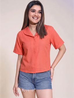 Twenty Dresses by Nykaa Fashion - Short-Sleeve Linen-Blend Top with Curved V-Neck