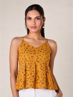 Twenty Dresses by Nykaa Fashion - Mustard Floral Print Sleeveless Peplum Top