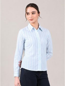Twenty Dresses by Nykaa Fashion - Blue & White Vertical Striped Button-Down Shirt