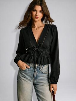 Twenty Dresses by Nykaa Fashion - Womens Black Solid Deep Drawstring Waist Ruffle Hem Peplum Top